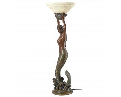 Toscano - The Goddess Offering Mermaid Sculptural Table Lamp in Verdigris, Designer Resin