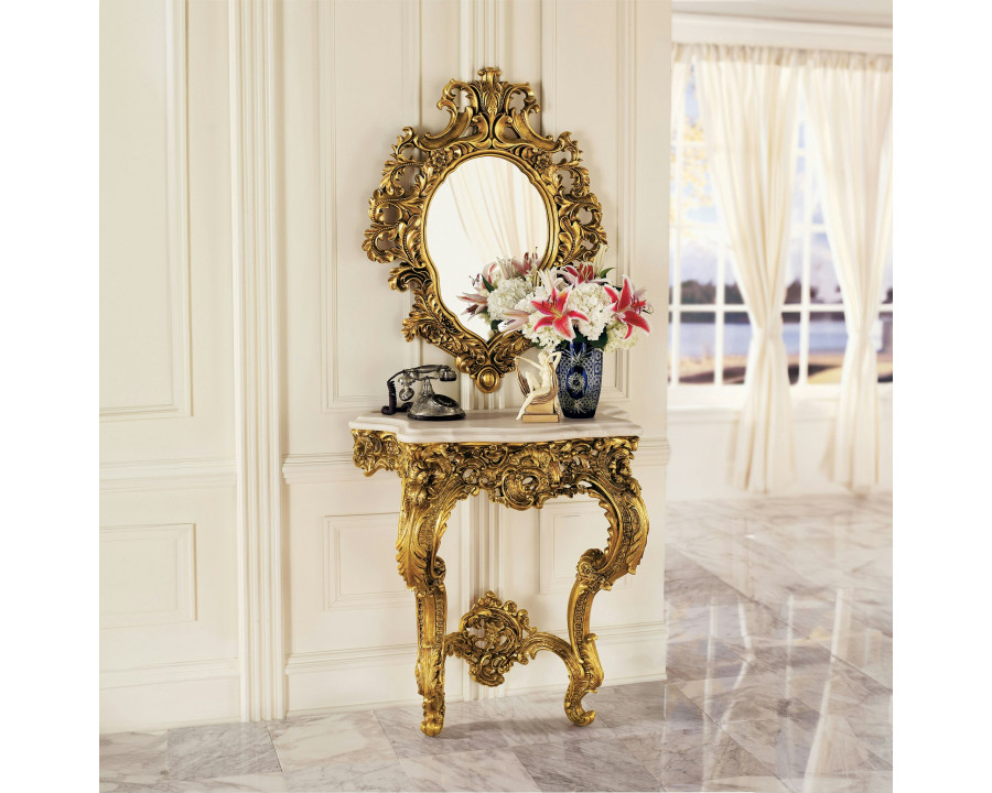 Toscano - Madame Antoinette Wall Console Table with Salon Mirror in Gold, Designer Resin