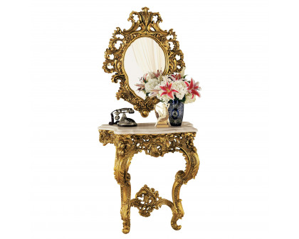 Toscano - Madame Antoinette Wall Console Table with Salon Mirror in Gold, Designer Resin