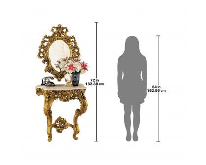 Toscano - Madame Antoinette Wall Console Table with Salon Mirror in Gold, Designer Resin