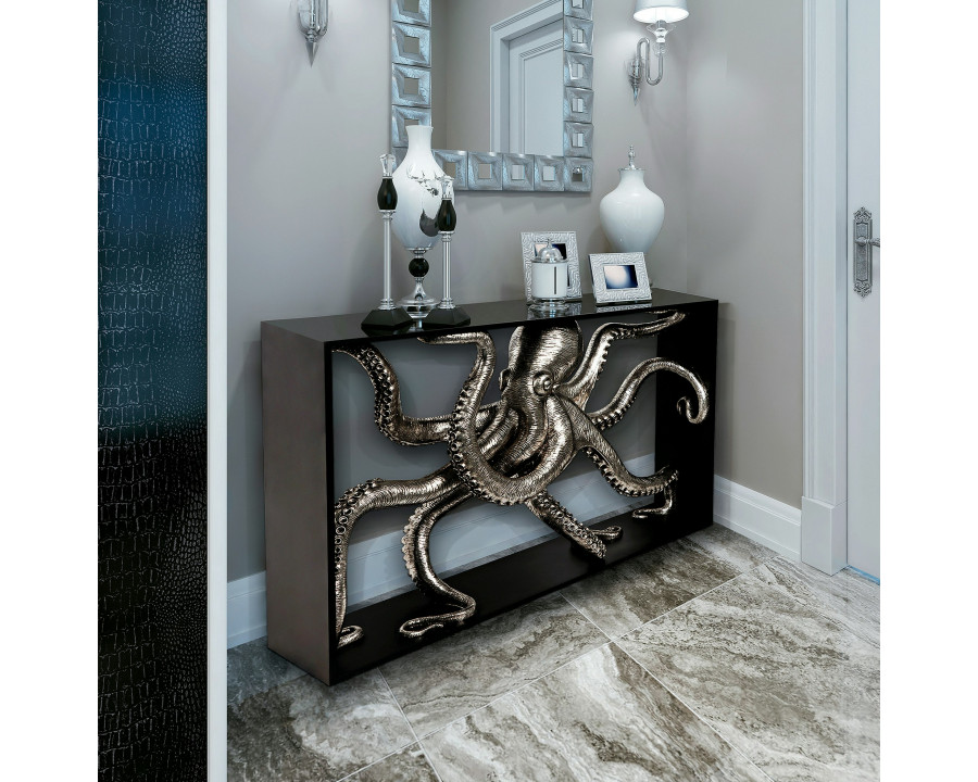 Toscano - Depths of the Sea Kraken Octopus Console Table in Black/Silver, Designer Resin