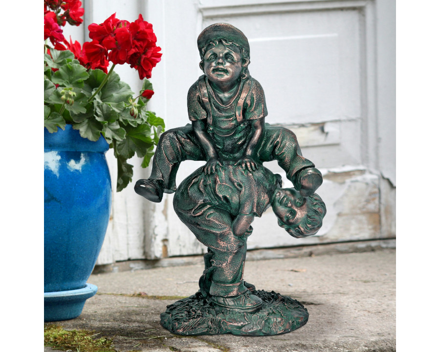 Toscano Leap Froggin Playing Boys Garden Statue - Verdigris