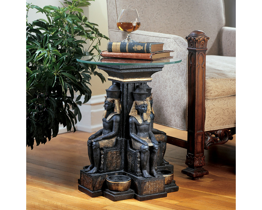 Toscano - Ramses II Egyptian Sculptural Glass-Topped End Table in Black/Gold, Designer Resin