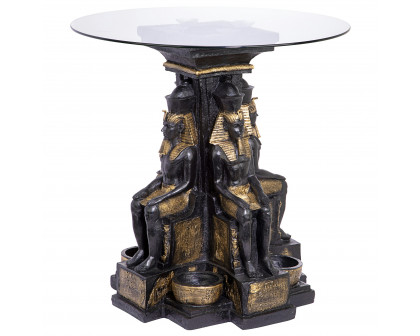 Toscano - Ramses II Egyptian Sculptural Glass-Topped End Table in Black/Gold, Designer Resin