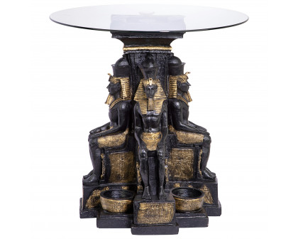 Toscano - Ramses II Egyptian Sculptural Glass-Topped End Table in Black/Gold, Designer Resin