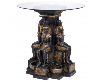 Toscano - Ramses II Egyptian Sculptural Glass-Topped End Table in Black/Gold, Designer Resin