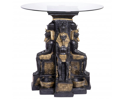 Toscano - Ramses II Egyptian Sculptural Glass-Topped End Table in Black/Gold, Designer Resin