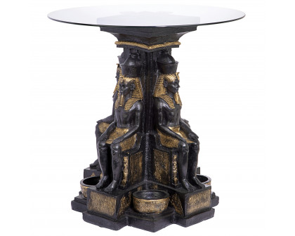 Toscano - Ramses II Egyptian Sculptural Glass-Topped End Table in Black/Gold, Designer Resin