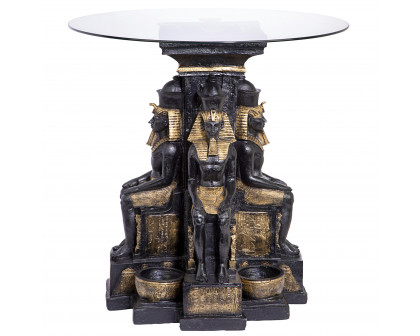 Toscano - Ramses II Egyptian Sculptural Glass-Topped End Table in Black/Gold, Designer Resin