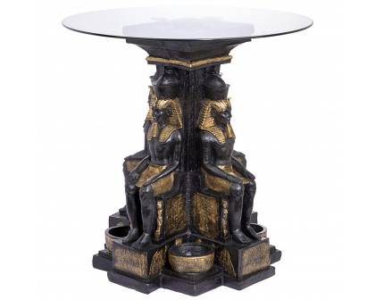 Toscano - Ramses II Egyptian Sculptural Glass-Topped End Table in Black/Gold, Designer Resin