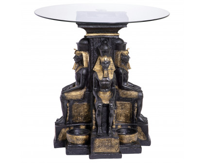 Toscano - Ramses II Egyptian Sculptural Glass-Topped End Table in Black/Gold, Designer Resin