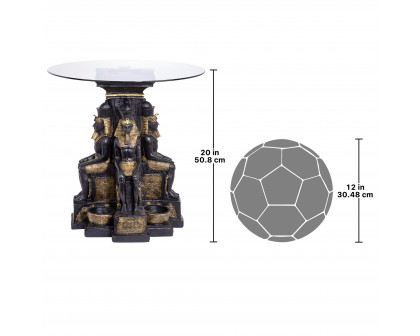 Toscano - Ramses II Egyptian Sculptural Glass-Topped End Table in Black/Gold, Designer Resin