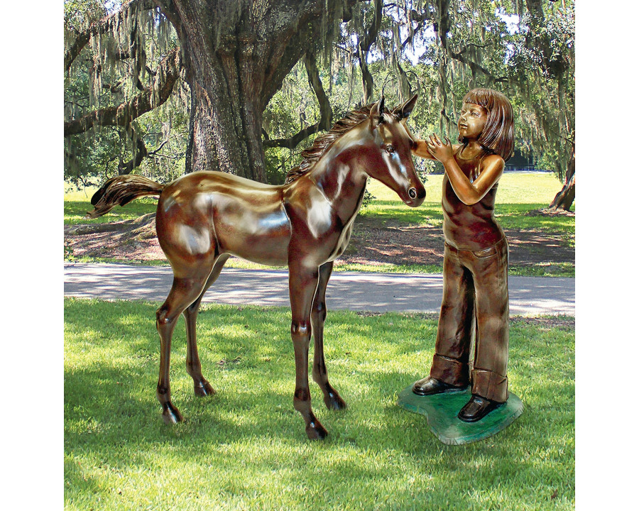 Toscano - Set of 2 Preening Equestrian Girl and Horse Garden Statues