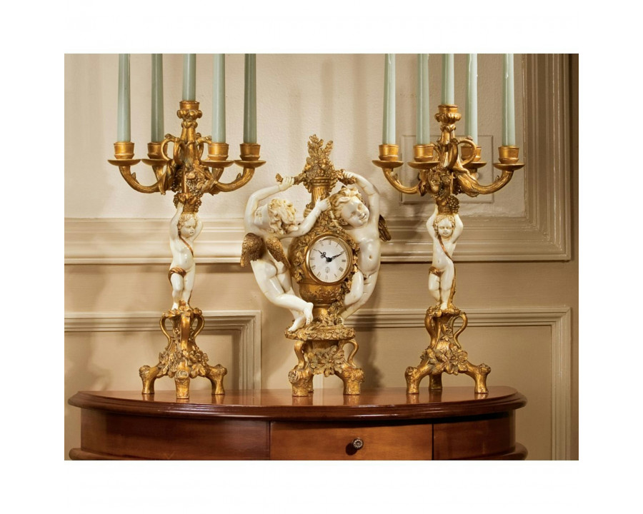 Toscano - The Cherub Harvest Clock with Candelabra Ensemble