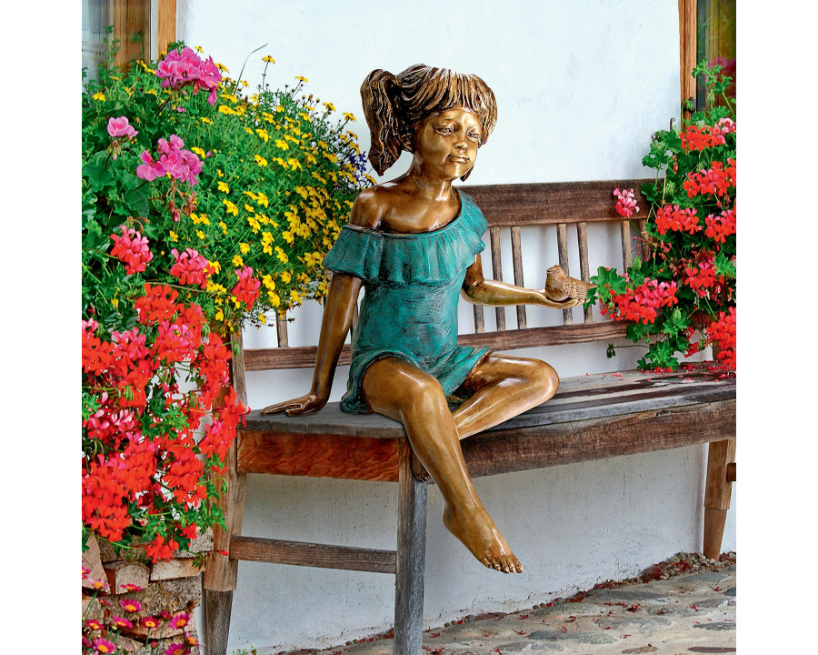 Toscano - Bridgette with Bird Little Girl Garden Statue