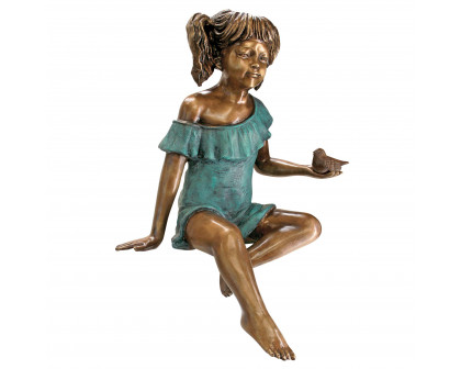 Toscano - Bridgette with Bird Little Girl Garden Statue