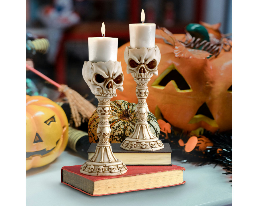 Toscano - Set of 2 Skullduggery Skull and Bones Sculptural Candlestick