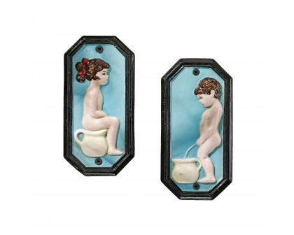 Toscano - Set of Tinkle Twins Bathroom Restroom Wall Plaque