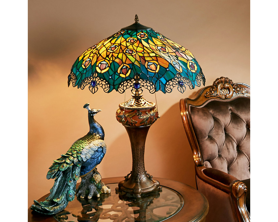 Toscano - Art Nouveau Peacock Tiffany-Style Table Lamp in Stained Glass