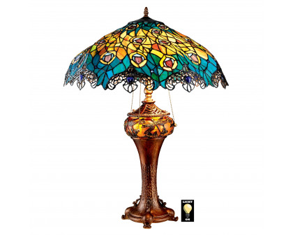 Toscano - Art Nouveau Peacock Tiffany-Style Table Lamp in Stained Glass