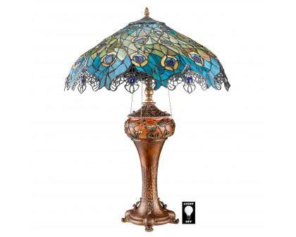 Toscano - Art Nouveau Peacock Tiffany-Style Table Lamp in Stained Glass