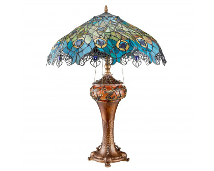 Toscano - Art Nouveau Peacock Tiffany-Style Table Lamp in Stained Glass