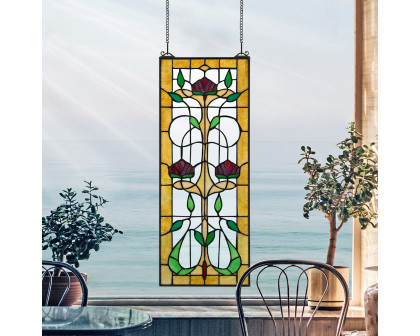 Toscano Ruskin Rose Three Flower Tiffany-Style Stained Glass Window