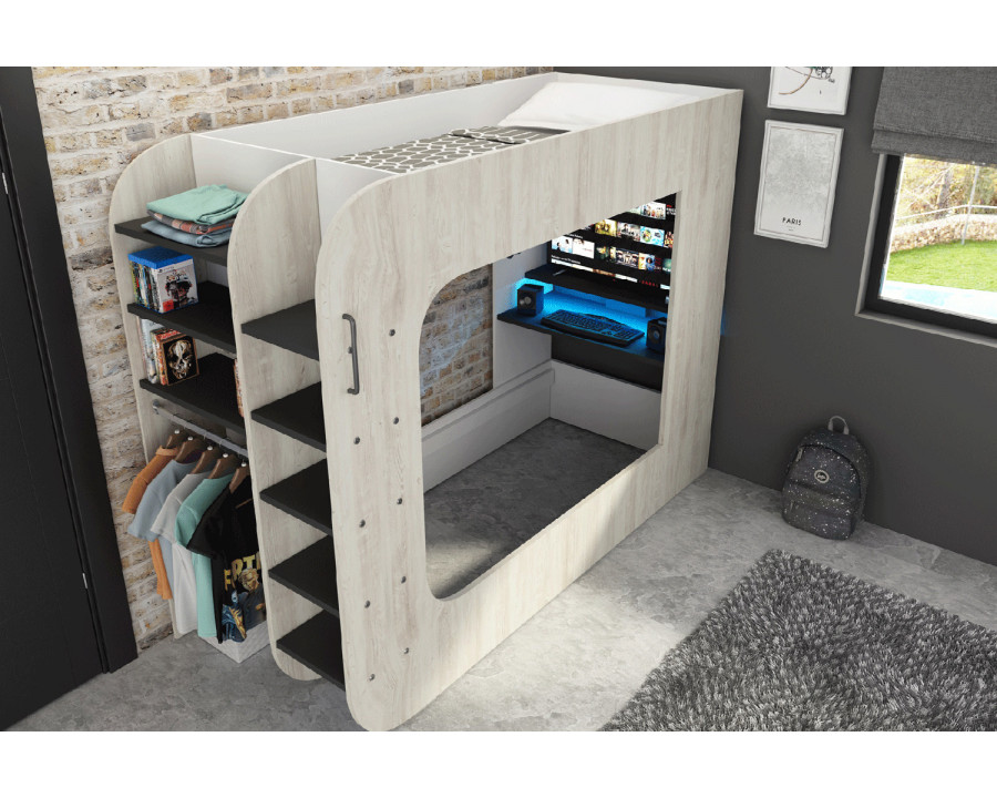 Trasman Gamer Bunk Bed with Table and Shelves - Natural/Black, 90x200cm