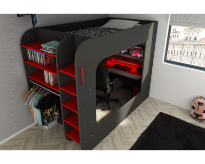 Trasman Gamer Bunk Bed with Table and Shelves - Red/Black, 90x200cm