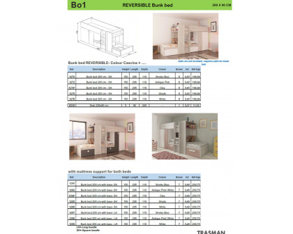 Trasman Bo 1 Reversible Bunk Bed with Drawers and Wardrobe - 90x190cm, Supports Included