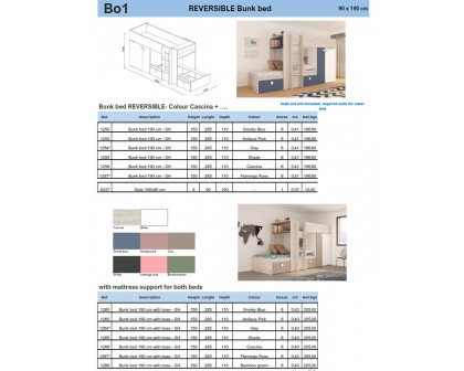 Trasman Bo 1 Reversible Bunk Bed with Drawers and Wardrobe - 90x190cm, without Supports