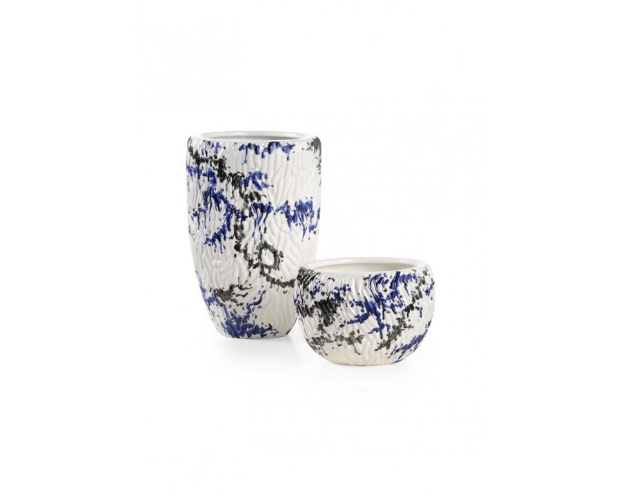 Wildwood - Pollock Vases (S2) in Matte White/Black/Blue Glaze, Ceramic/Porcelain