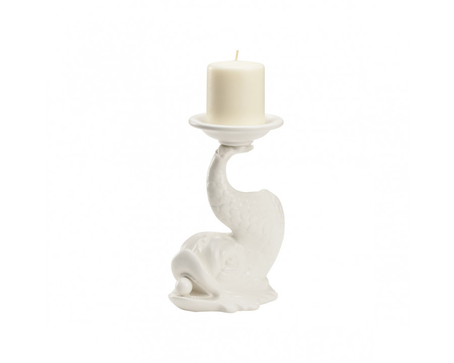 Wildwood - Italian Renaissance Dolphin Candleholder in White Glaze, Ceramic/Porcelain