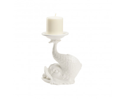 Wildwood - Italian Renaissance Dolphin Candleholder in White Glaze, Ceramic/Porcelain