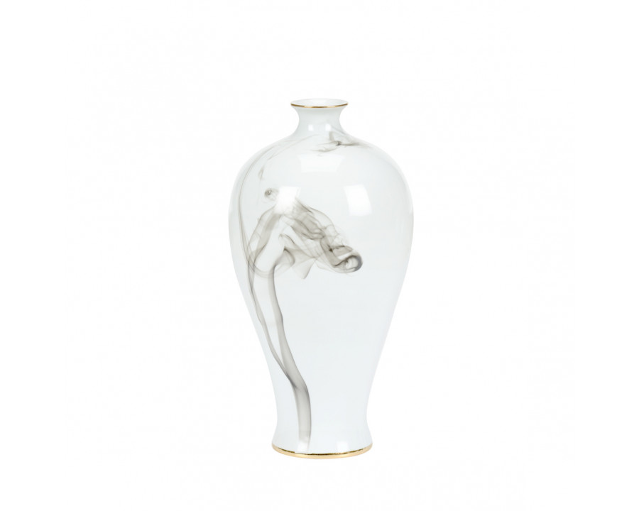 Wildwood White Cinder And Smoke Vase - White Glaze/Smoke Decal/Gold Trim, Medium