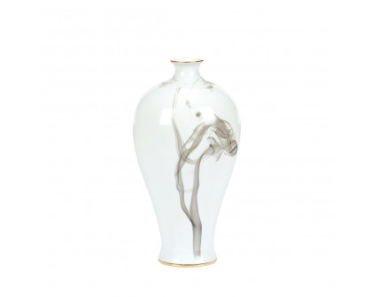 Wildwood White Cinder And Smoke Vase - White Glaze/Smoke Decal/Gold Trim, Medium