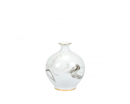 Wildwood White Cinder And Smoke Vase - White Glaze/Smoke Decal/Gold Trim, Small