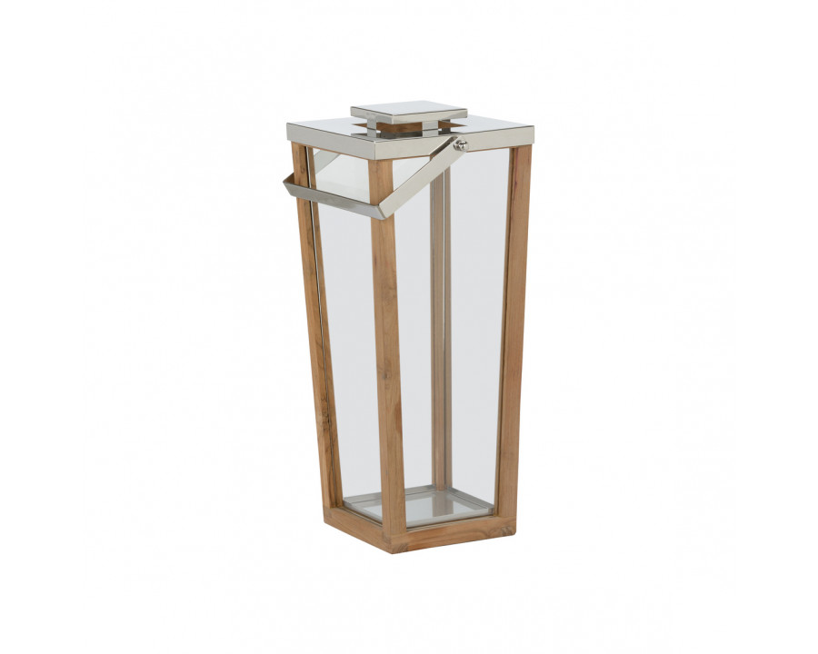 Wildwood Lanai Teak and Glass Hurricane - Natural/Polished Nickel/Clear, Medium