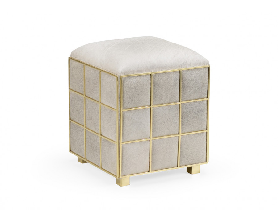 Wildwood - Square Hide Stool in Natural Light Gray/Polished Brass, Hair on Hide