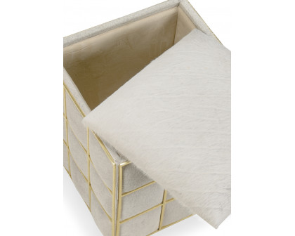 Wildwood - Square Hide Stool in Natural Light Gray/Polished Brass, Hair on Hide