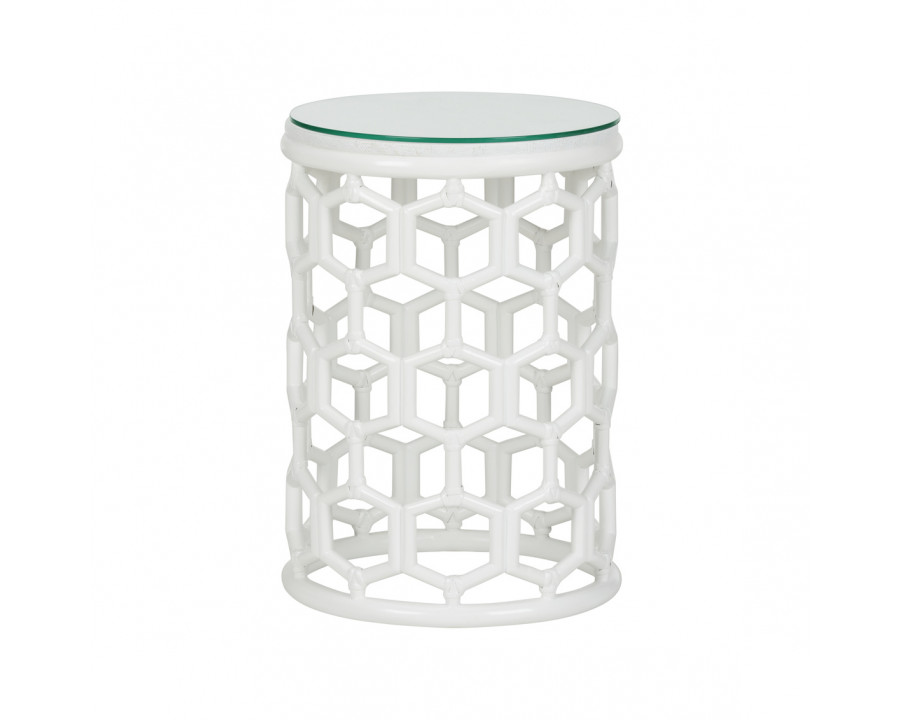 Wildwood - Cefalu Drinks Table in White/Clear, Rattan Pole/Raffia/Glass