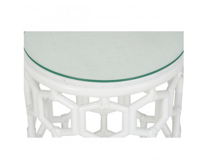 Wildwood - Cefalu Drinks Table in White/Clear, Rattan Pole/Raffia/Glass