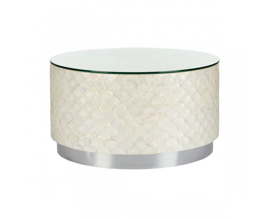 Wildwood - Samal Cocktail Table in Natural White/Clear, Wood/Capiz Shell/Glass