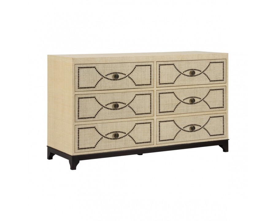 Wildwood - Tyra Chest in Black/Natural/Bronze, Wood/Raffia/Upholstery Nails