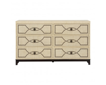 Wildwood - Tyra Chest in Black/Natural/Bronze, Wood/Raffia/Upholstery Nails