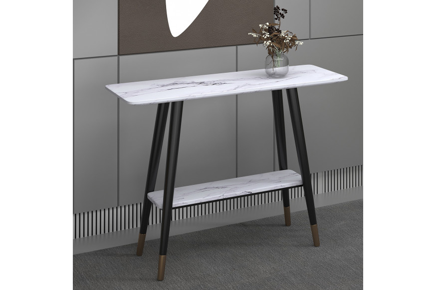 Worldwide™ Emery 2-Tier Console Table - White Faux Marble/Black