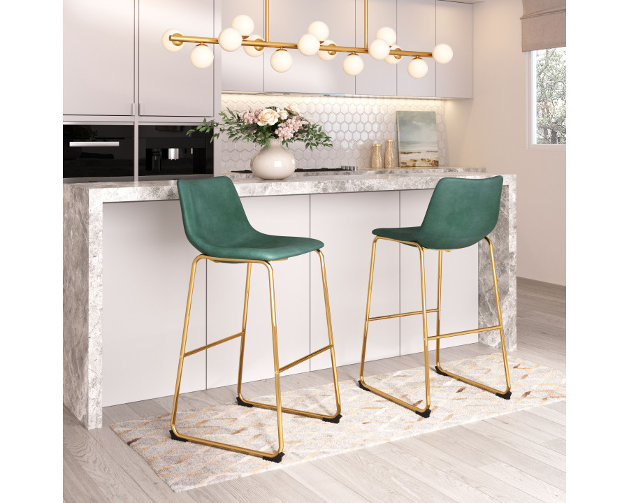 ZUO - Augusta Barstool (Set of 2) in Green/Gold