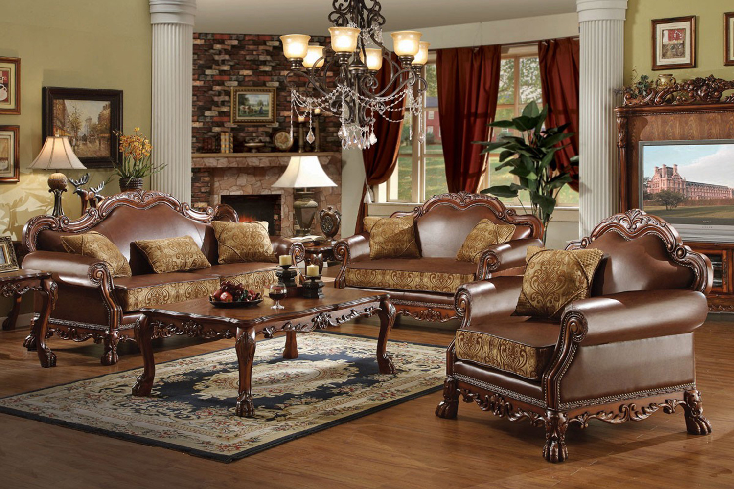 ACME - Dresden Sofa with 3 Pillows in Brown/Chenille/Cherry Oak