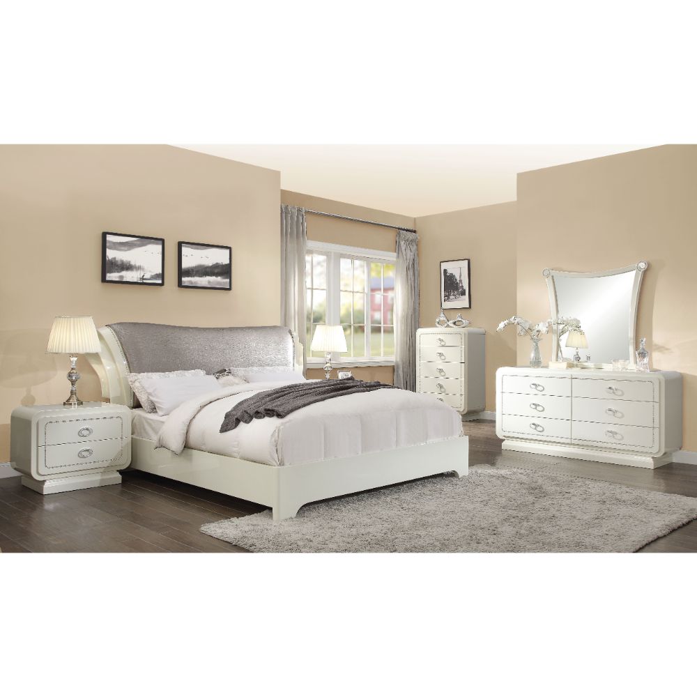 ACME Bellagio Queen Bed - PU/Ivory High Gloss