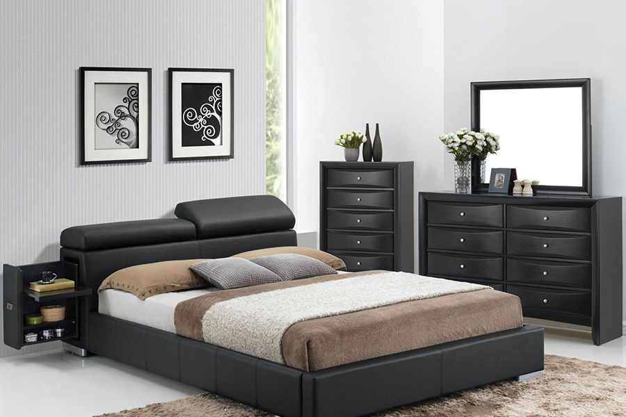 ACME Manjot Hidden Storage Platform Bed - Black, Queen Size